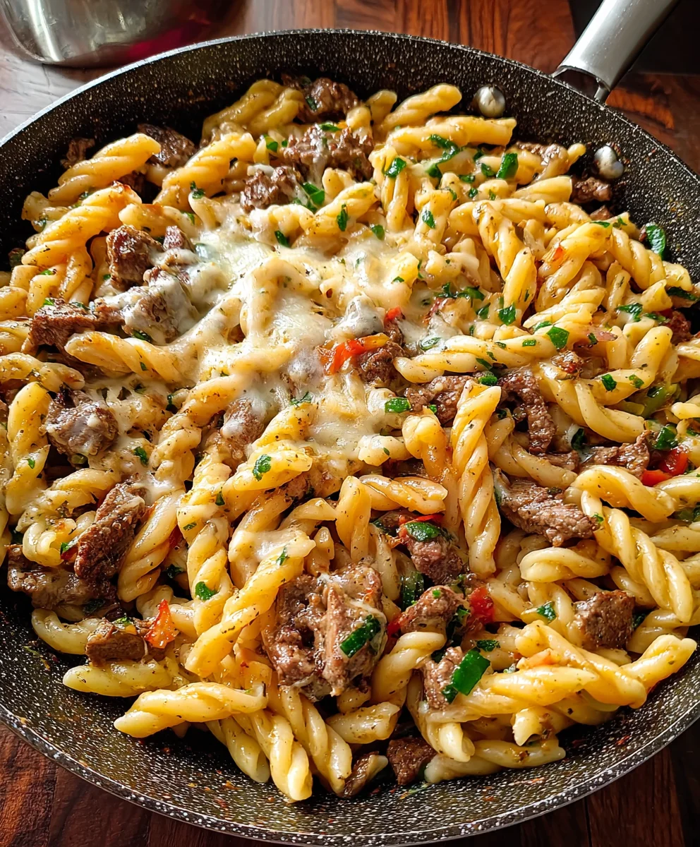 Easy Philly Cheesesteak Pasta - A Beefy Dinner
