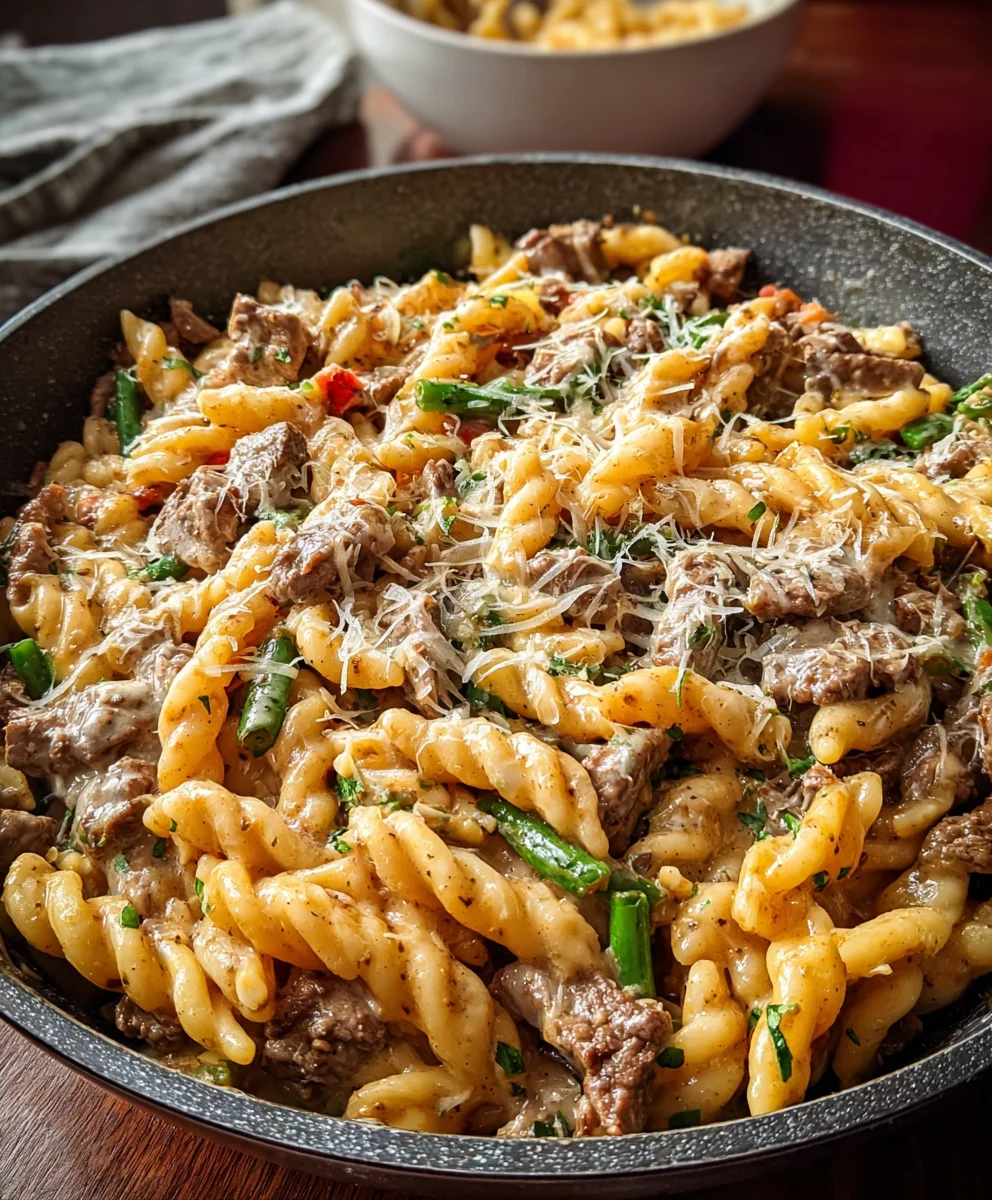 Easy Philly Cheesesteak Pasta - A Beefy Dinner