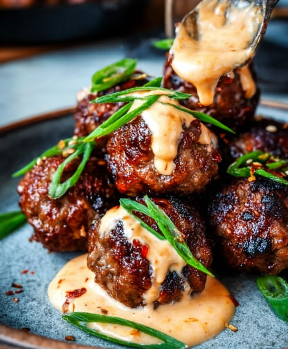 Korean BBQ Beef Meatballs Spicy Mayo Dip
