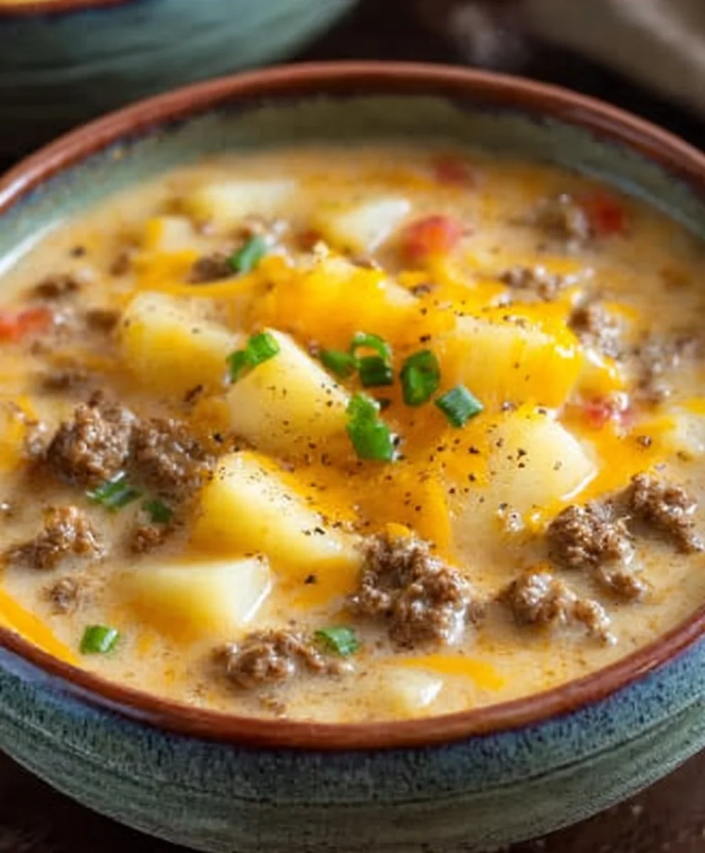 Cheesy Beef Beef Hamburger Potato Soup - Comforting & Delicious