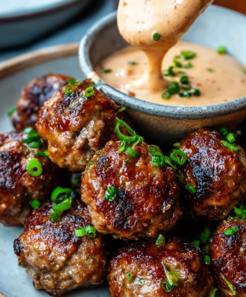 Korean BBQ Beef Meatballs Spicy Mayo Dip